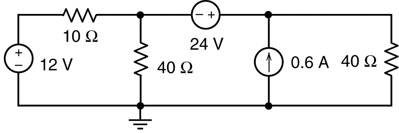 +1
Μ
10 Ω
12 V
+
24 V
40 Ω
0.6 A 40 Ω