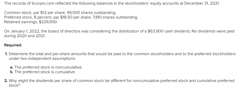 The records of Scorpio.com reflected the following balances in the stockholders' equity accounts at December 31, 2021:
Common stock, par $12 per share, 49,500 shares outstanding.
Preferred stock, 8 percent, par $18.50 per share, 7,810 shares outstanding.
Retained earnings, $239,000.
On January 1, 2022, the board of directors was considering the distribution of a $63,900 cash dividend. No dividends were paid
during 2020 and 2021.
Required:
1. Determine the total and per-share amounts that would be paid to the common stockholders and to the preferred stockholders
under two independent assumptions:
a. The preferred stock is noncumulative.
b. The preferred stock is cumulative.
2. Why might the dividends per share of common stock be different for noncumulative preferred stock and cumulative preferred
stock?