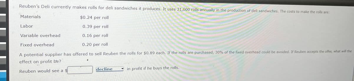 Reuben's Deli currently makes rolls for deli sandwiches it produces. It uses 31,000 rolls annually in the production of deli sandwiches. The costs to make the rolls are:
Materials
$0.24 per roll
Labor
0.39 per roll
Variable overhead
0.16 per roll
Fixed overhead
0.20 per roll
A potential supplier has offered to sell Reuben the rolls for $0.89 each. If the rolls are purchased, 30% of the fixed overhead could be avoided. If Reuben accepts the offer, what will the
effect on profit be?
decline
in profit if he buys the rolls.
Reuben would see a $
