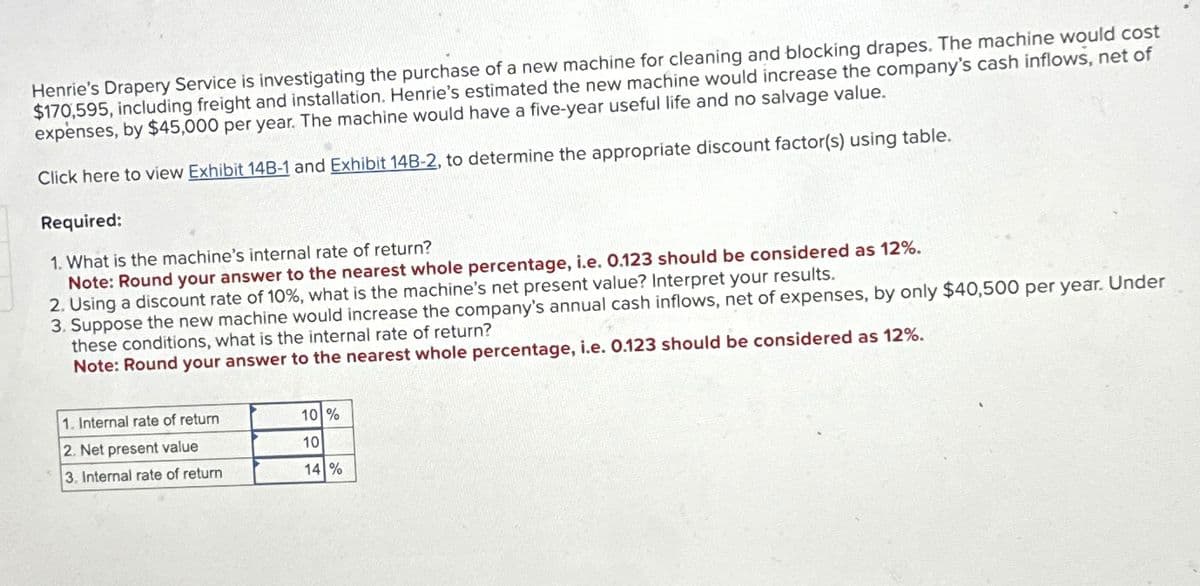 Henrie's Drapery Service is investigating the purchase of a new machine for cleaning and blocking drapes. The machine would cost
$170,595, including freight and installation. Henrie's estimated the new machine would increase the company's cash inflows, net of
expenses, by $45,000 per year. The machine would have a five-year useful life and no salvage value.
Click here to view Exhibit 14B-1 and Exhibit 14B-2, to determine the appropriate discount factor(s) using table.
Required:
1. What is the machine's internal rate of return?
Note: Round your answer to the nearest whole percentage, i.e. 0.123 should be considered as 12%.
2. Using a discount rate of 10%, what is the machine's net present value? Interpret your results.
3. Suppose the new machine would increase the company's annual cash inflows, net of expenses, by only $40,500 per year. Under
these conditions, what is the internal rate of return?
Note: Round your answer to the nearest whole percentage, i.e. 0.123 should be considered as 12%.
1. Internal rate of return
2. Net present value
3. Internal rate of return
10 %
10
14 %