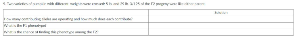 9. Two varieties of pumpkin with different weights were crossed: 5 lb. and 29 Ib. 3/195 of the F2 progeny were like either parent.
Solution
How many contributing alleles are operating and how much does each contribute?
What is the F1 phenotype?
What is the chance of finding this phenotype among the F2?
