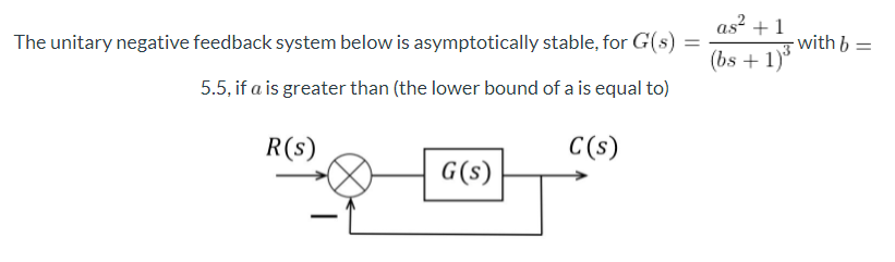 as? +1
- with b
(bs + 1)
The unitary negative feedback system below is asymptotically stable, for G(s) =
%D
5.5, if a is greater than (the lower bound of a is equal to)
R(s)
C(s)
G(s)
