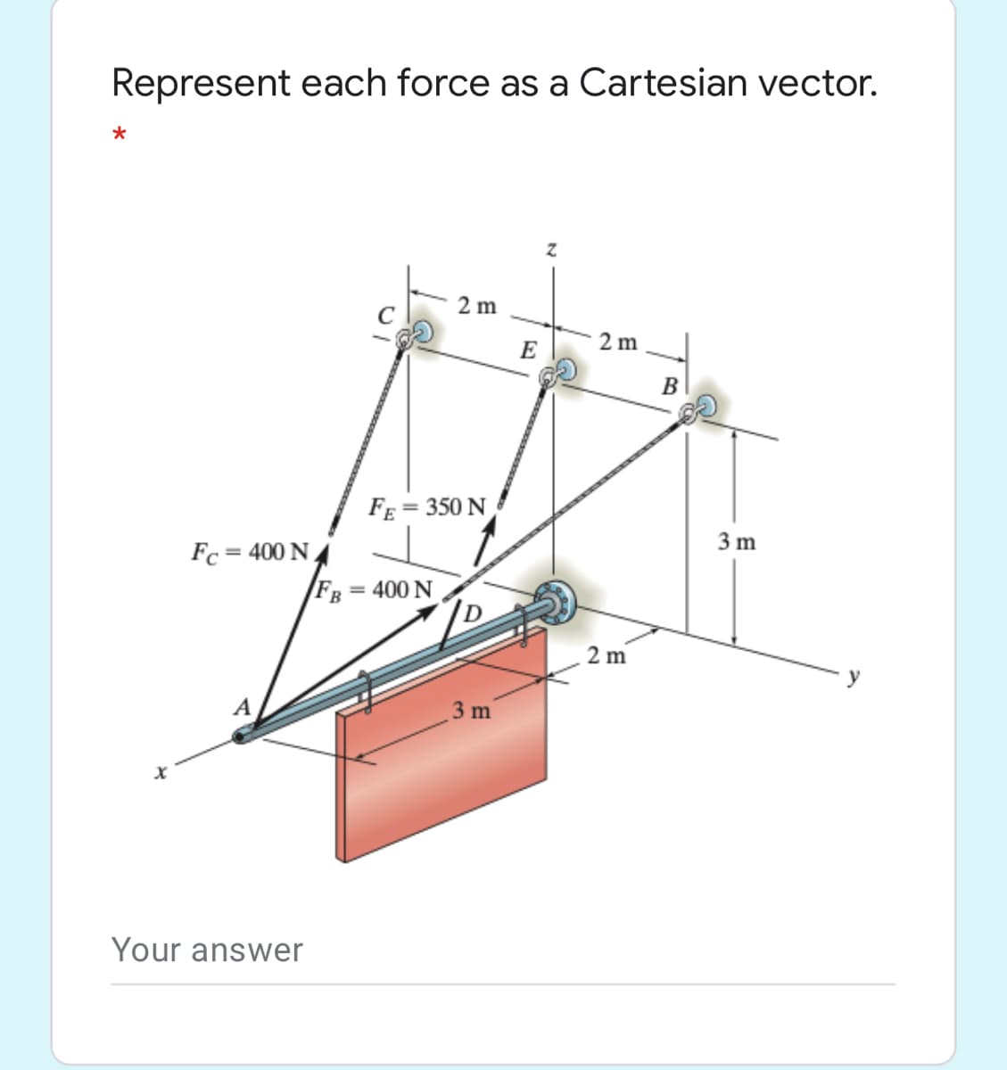 Represent each force as a Cartesian vector.
2 m
2 m
E
B
FE = 350 N
3 m
Fc = 400 N,
%3D
Fв %3D 400 N
2 m
A
3 m
Your answer
