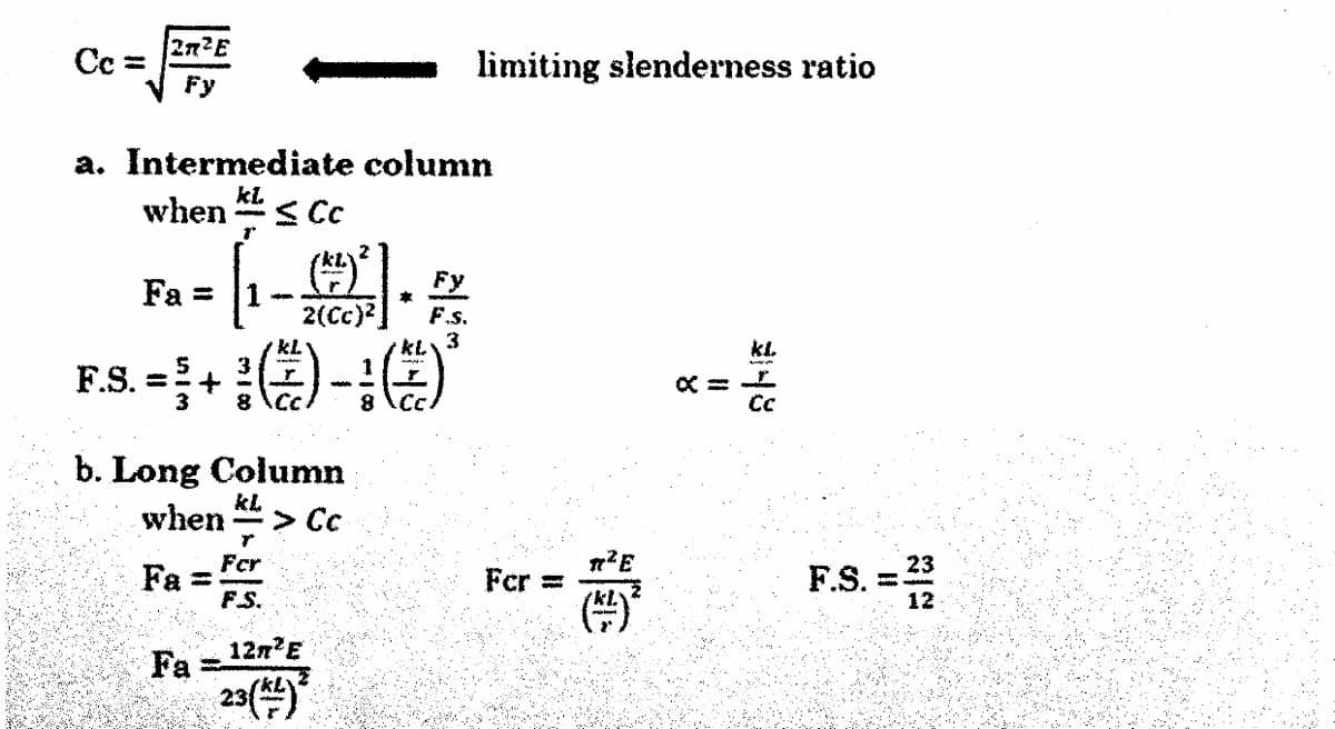 272E
C =
limiting slenderness ratio
Fy
a. Intermediate column
kl.
when S Cc
Fa =
Fy
本
2(Cc)
F.s.
3
kL
KL
kl
F.S. =+
8 \Cc
8 \Cc
Cc
b. Long Column
when
kL
> Cc
Fcr
Fa =
F.S.
F.S. =
Fcr =
12
12n E
Fa
23()*
