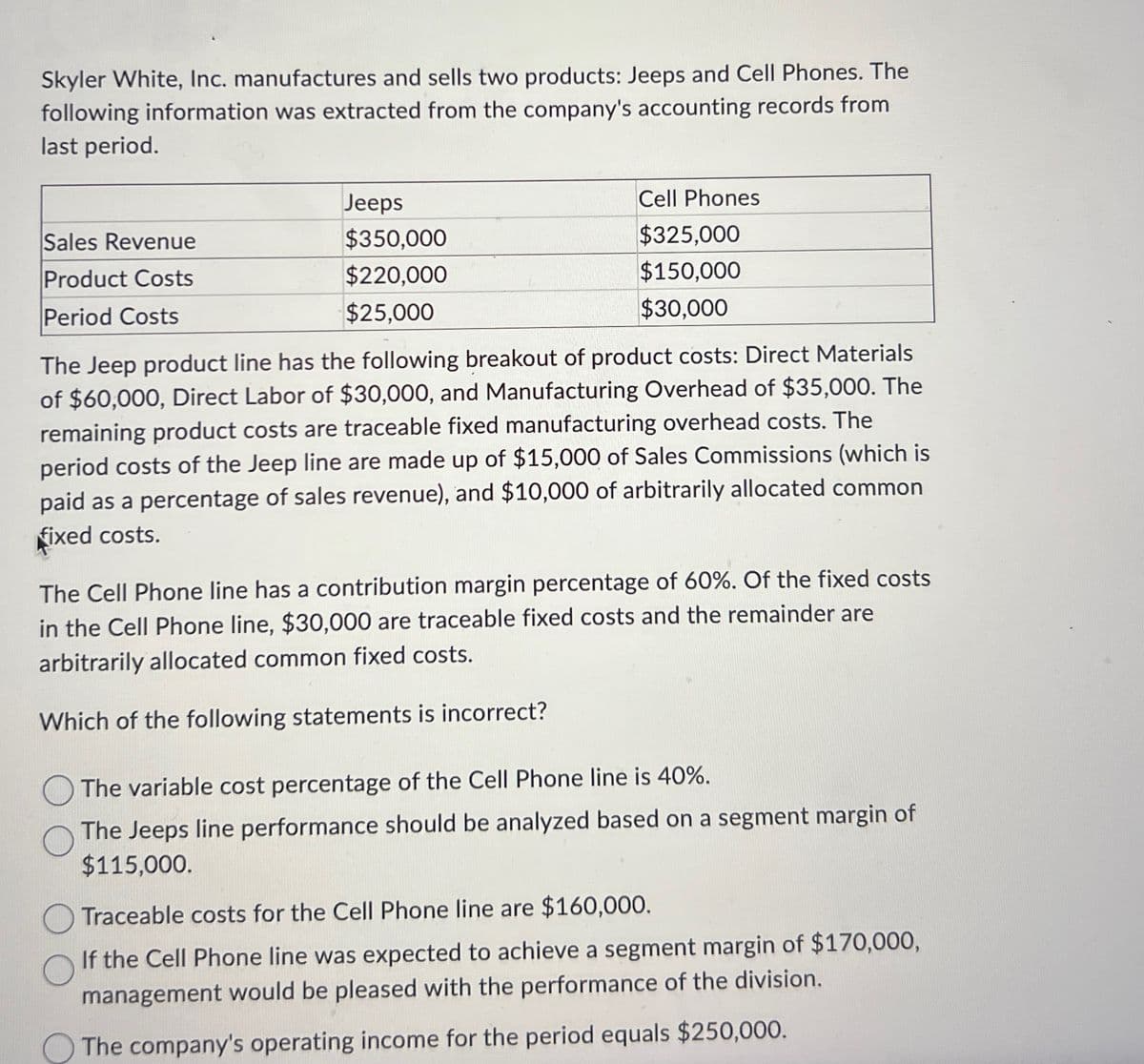 Skyler White, Inc. manufactures and sells two products: Jeeps and Cell Phones. The
following information was extracted from the company's accounting records from
last period.
Sales Revenue
Product Costs
Period Costs
Jeeps
$350,000
$220,000
$25,000
Cell Phones
$325,000
$150,000
$30,000
The Jeep product line has the following breakout of product costs: Direct Materials
of $60,000, Direct Labor of $30,000, and Manufacturing Overhead of $35,000. The
remaining product costs are traceable fixed manufacturing overhead costs. The
period costs of the Jeep line are made up of $15,000 of Sales Commissions (which is
paid as a percentage of sales revenue), and $10,000 of arbitrarily allocated common
fixed costs.
The Cell Phone line has a contribution margin percentage of 60%. Of the fixed costs
in the Cell Phone line, $30,000 are traceable fixed costs and the remainder are
arbitrarily allocated common fixed costs.
Which of the following statements is incorrect?
The variable cost percentage of the Cell Phone line is 40%.
The Jeeps line performance should be analyzed based on a segment margin of
$115,000.
Traceable costs for the Cell Phone line are $160,000.
If the Cell Phone line was expected to achieve a segment margin of $170,000,
management would be pleased with the performance of the division.
The company's operating income for the period equals $250,000.