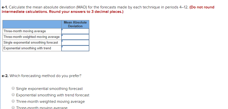 e-1. Calculate the mean absolute deviation (MAD) for the forecasts made by each technique in periods 4–12. (Do not round
intermediate calculations. Round your answers to 3 decimal places.)
Mean Absolute
Deviation
Three-month moving average
Three-month weighted moving average
Single exponential smoothing forecast
Exponential smoothing with trend
e-2. Which forecasting method do you prefer?
Single exponential smoothing forecast
Exponential smoothing with trend forecast
Three-month weighted moving average
Three-month mnving ayerage
