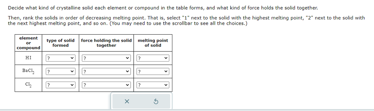 Decide what kind of crystalline solid each element or compound in the table forms, and what kind of force holds the solid together.
Then, rank the solids in order of decreasing melting point. That is, select "1" next to the solid with the highest melting point, "2" next to the solid with
the next highest melting point, and so on. (You may need to use the scrollbar to see all the choices.)
element
or
compound
HI
BaCl,
Ch₂
type of solid force holding the solid
formed
together
?
?
?
?
?
?
X
melting point
of solid
?
?
?