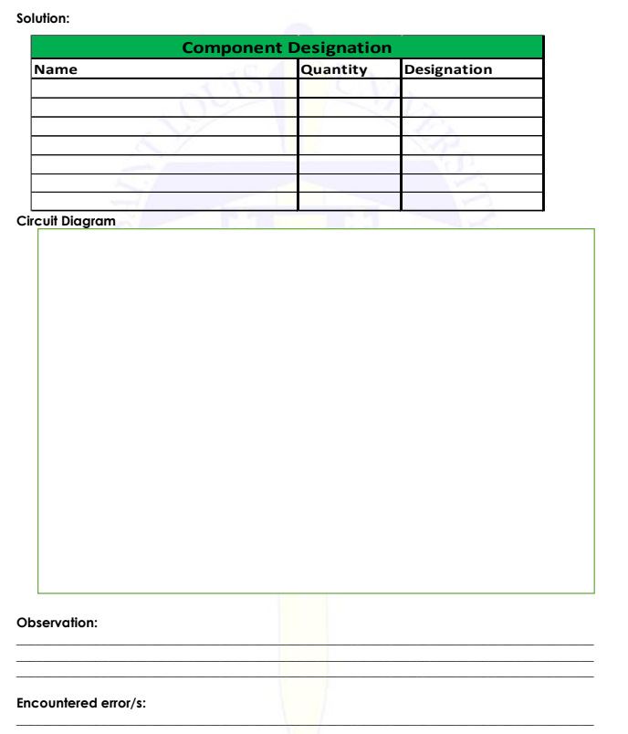Solution:
Component Designation
Quantity
Name
Designation
Circuit Diagram
Observation:
Encountered error/s:
