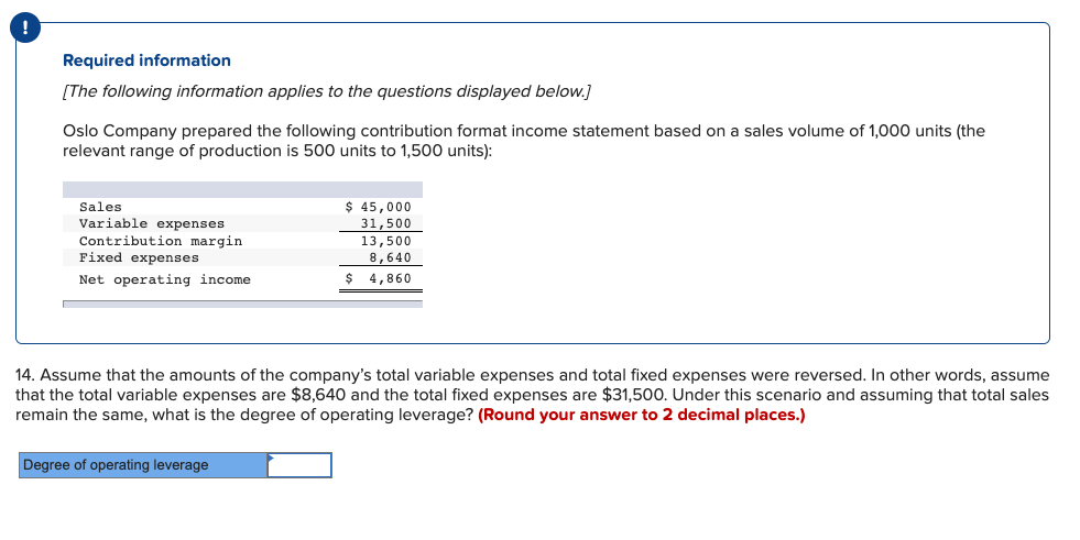 Required information
[The following information applies to the questions displayed below.]
Oslo Company prepared the following contribution format income statement based on a sales volume of 1,000 units (the
relevant range of production is 500 units to 1,500 units):
Sales
Variable expenses
$ 45,000
31,500
Contribution margin
Fixed expenses
13,500
8,640
Net operating income
4,860
14. Assume that the amounts of the company's total variable expenses and total fixed expenses were reversed. In other words, assume
that the total variable expenses are $8,640 and the total fixed expenses are $31,500. Under this scenario and assuming that total sales
remain the same, what is the degree of operating leverage? (Round your answer to 2 decimal places.)
Degree of operating leverage
