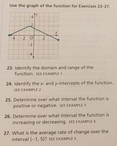 Use the graph of the function for Exercises 23-27.
-20 2
23. Identify the domain and range of the
function. SEE EXAMPLE 1
24. Identify the x- and y-intercepts of the function.
SEE EXAMPLE 2
25. Determine over what interval the function is
positive or negative. SEE EXAMPLE 3
26. Determine over what interval the function is
increasing or decreasing. SEE EXAMPLE 4
27. What is the average rate of change over the i
interval (-1, 5)? SEE EXAMPLE S