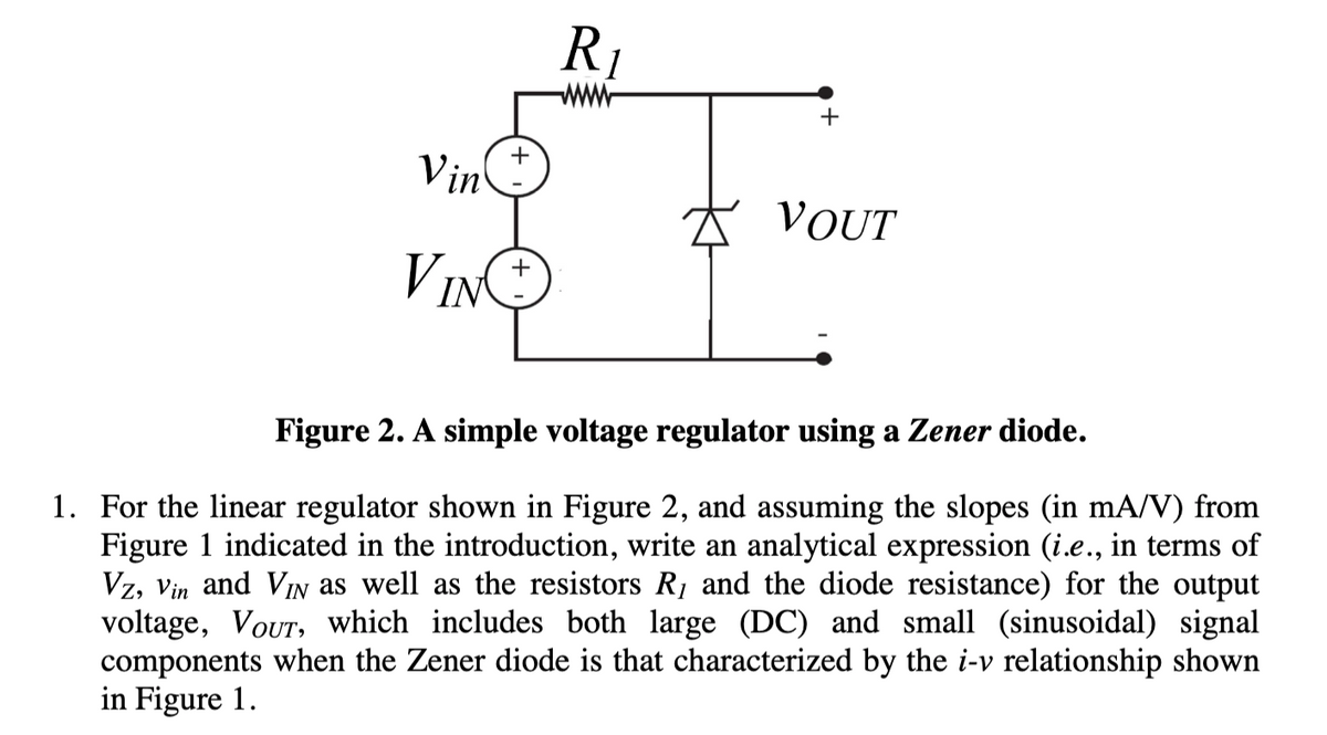 R1
+
Vin
A VOUT
VIN
+
Figure 2. A simple voltage regulator using a Zener diode.
1. For the linear regulator shown in Figure 2, and assuming the slopes (in mA/V) from
Figure 1 indicated in the introduction, write an analytical expression (i.e., in terms of
Vz, Vin and VIN as well as the resistors R1 and the diode resistance) for the output
voltage, VoUT, which includes both large (DC) and small (sinusoidal) signal
components when the Zener diode is that characterized by the i-v relationship shown
in Figure 1.
