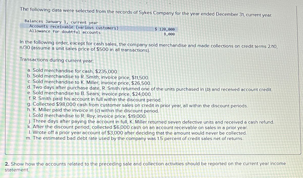 The following data were selected from the records of Sykes Company for the year ended December 31, current year.
Balances January 1, current year
Accounts receivable (various customers)
Allowance for doubtful accounts
$ 120,000
8,000
In the following order, except for cash sales, the company sold merchandise and made collections on credit terms 2/10,
n/30 (assume a unit sales price of $500 in all transactions).
Transactions during current year.
a. Sold merchandise for cash, $235,000.
b. Sold merchandise to R. Smith; invoice price, $11,500.
c. Sold merchandise to K. Miller, invoice price, $26,500.
d. Two days after purchase date, R. Smith returned one of the units purchased in (b) and received account credit.
e. Sold merchandise to B. Sears; invoice price, $24,000.
f. R. Smith paid his account in full within the discount period.
g. Collected $98,000 cash from customer sales on credit in prior year, all within the discount periods.
h. K. Miller paid the invoice in (c) within the discount period.
i. Sold merchandise to R. Roy; invoice price, $19,000.
j. Three days after paying the account in full, K. Miller returned seven defective units and received a cash refund.
k. After the discount period, collected $6,000 cash on an account receivable on sales in a prior year.
I. Wrote off a prior year account of $3,000 after deciding that the amount would never be collected.
m. The estimated bad debt rate used by the company was 1.5 percent of credit sales net of returns.
2. Show how the accounts related to the preceding sale and collection activities should be reported on the current year income
statement