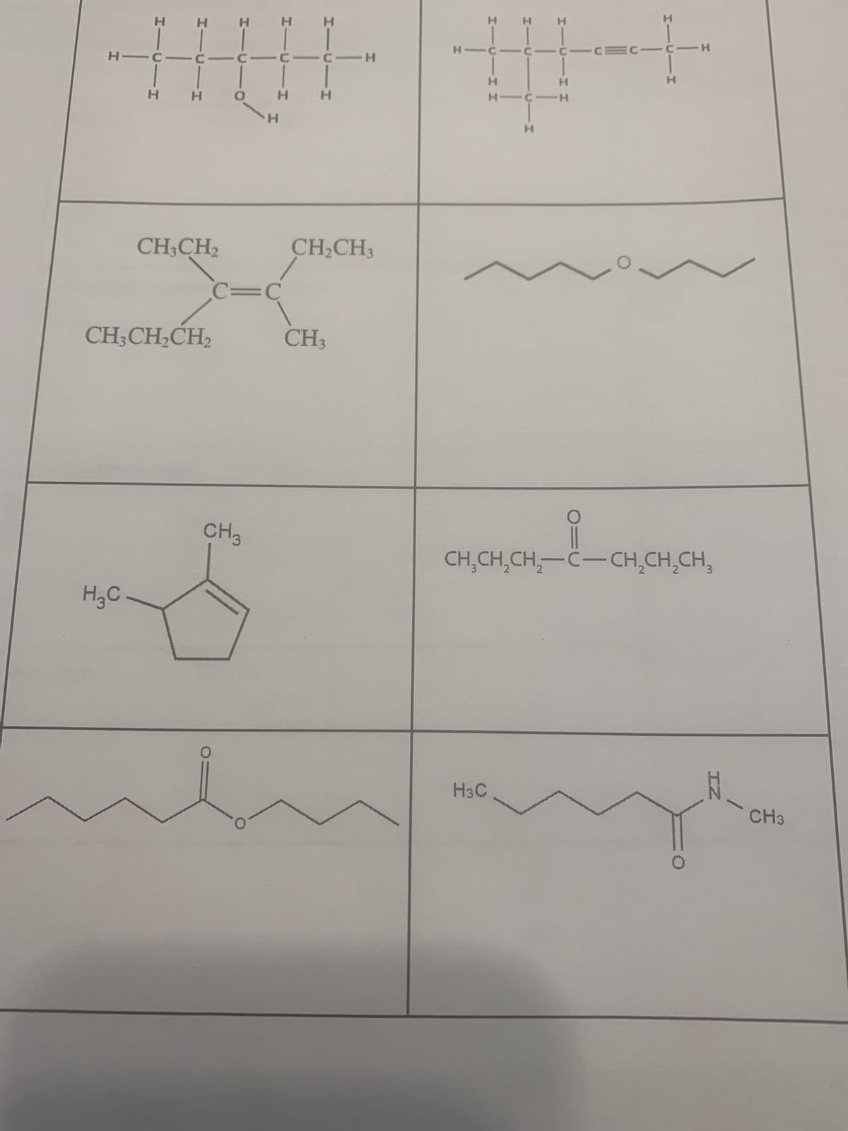 HCH
H
HIC
H3C
H|c|H
-c-
CH3CH2
CH3CH2CH2
HICO
H
C=C
CH3
3
HIC_H
HcH
-C-H
CH2CH3
CH3
HH
H3C
HICIC-C-C=C-C-H
H
H
H
H
HC-H
H
H
CH3CH2CH2-C-CH2CH2CH3
IZ
CH3