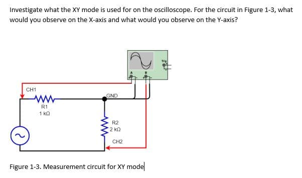 Investigate what the XY mode is used for on the oscilloscope. For the circuit in Figure 1-3, what
would you observe on the X-axis and what would you observe on the Y-axis?
CH1
R1
1 KQ
GND
R2
2kQ
CH2
Figure 1-3. Measurement circuit for XY mode