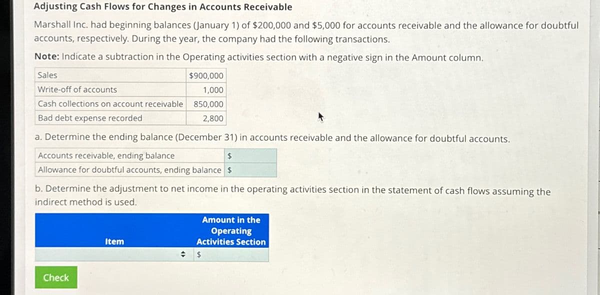 Adjusting Cash Flows for Changes in Accounts Receivable
Marshall Inc. had beginning balances (January 1) of $200,000 and $5,000 for accounts receivable and the allowance for doubtful
accounts, respectively. During the year, the company had the following transactions.
Note: Indicate a subtraction in the Operating activities section with a negative sign in the Amount column.
Sales
Write-off of accounts
$900,000
1,000
Cash collections on account receivable 850,000
Bad debt expense recorded
2,800
a. Determine the ending balance (December 31) in accounts receivable and the allowance for doubtful accounts.
Accounts receivable, ending balance
$
Allowance for doubtful accounts, ending balance $
b. Determine the adjustment to net income in the operating activities section in the statement of cash flows assuming the
indirect method is used.
Check
Amount in the
Operating
Activities Section
Item
÷
$