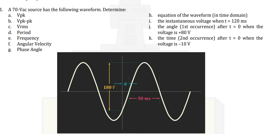 1. A 70-Vac source has the following waveform. Determine:
a. Vpk
b. Vpk-pk
Vrms
h. equation of the waveform (in time domain)
i. the instantaneous voltage when t = 120 ms
j.
the angle (1st occurrence) aftert = 0 when the
C.
voltage is +80 V
k. the time (2nd occurrence) after t = 0 when the
voltage is -10 V
d. Period
e. Frequency
f. Angular Velocity
g. Phase Angle
180 V
-50 ms
