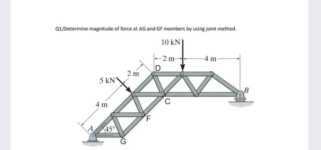 Q1/Determine magnitude of force at AG and GF members by using joint method.
10 kN
5 kN
4 m
45°
G
2 m
F
-2 m-
D
C
4 m
B
