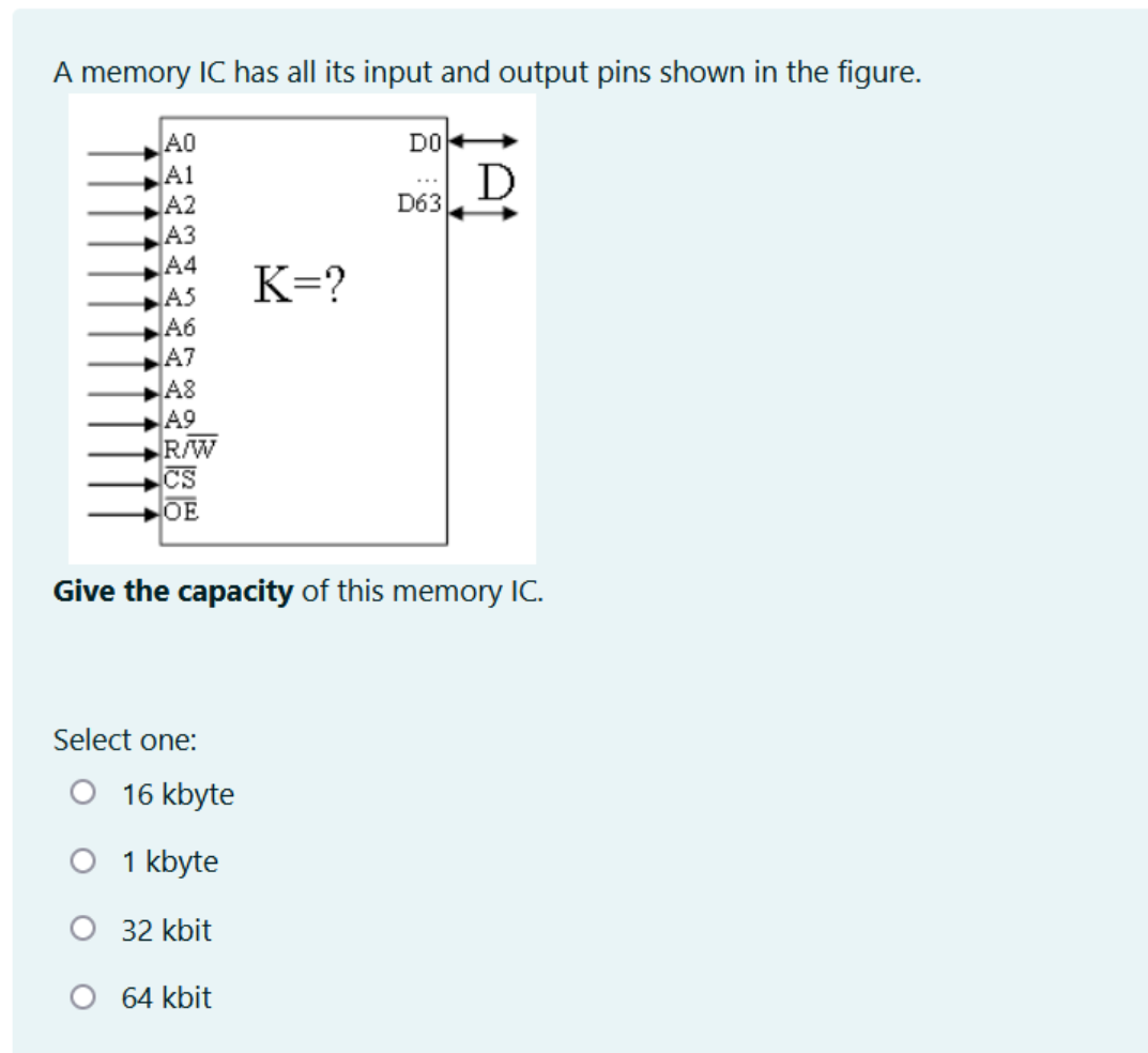 A memory IC has all its input and output pins shown in the figure.
DO
AO
A1
A2
A3
A4
A5
K=?
A6
A7
A8
JA9
R/W
CS
OE
D
D63
Give the capacity of this memory IC.
Select one:
○ 16 kbyte
○ 1 kbyte
○ 32 kbit
64 kbit