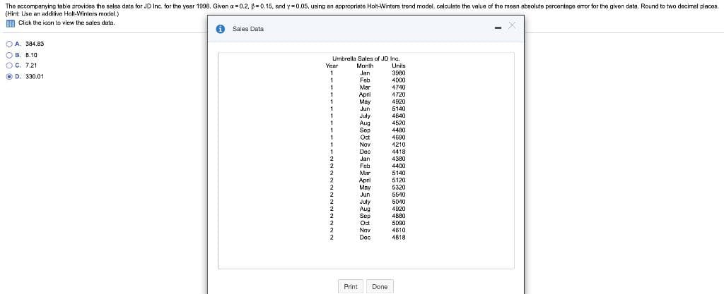 The accompanying table provides the sales data for JD Inc. for the year 1998. Given a 0.2, p=0.15, and y = 0.05, using an appropriate Holt-Winters trend model, calculate the value of the mean absolute percentage error for the given data. Round to two decimal places.
(Hint: Use an additive Holt-Winters model.)
Click the icon to view the sales data.
A. 384.83
B. 8.10
C. 7.21
OD. 330.01.
Sales Data
Umbrella Sales of JD Inc.
Year
Month
Units
1
Jan
3980
1
Feb
4000
1
Mar
4740
1
April
4720
1
May
4920
Jun
5140
July
4840
Aug
4520
Sep
4480
Oct
4690
Nov
4210
Dec
4418
Jan
4380
2
Feb
4400
Mar
5140
April
5120
May
5320
Jun
5540
July
5040
Aug
4920
Sep
4880
Oct
5090
Nav
4810
Dec
4818
Print
Done