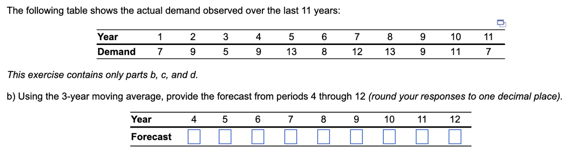 The following table shows the actual demand observed over the last 11 years:
Year
Demand
1
7
2
9
3
5
4
4
9
5
5
13
6
6
8
7
12
8
8
13
This exercise contains only parts b, c, and d.
b) Using the 3-year moving average, provide the forecast from periods 4 through 12 (round your responses to one decimal place).
7
9
10
Year
Forecast
9
9
10
11
11
11
7
12