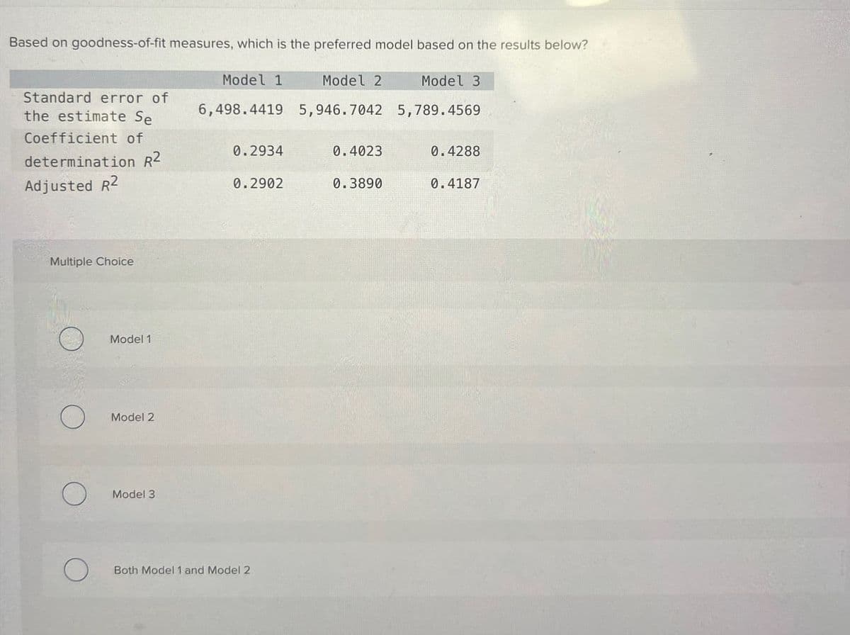 Based on goodness-of-fit measures, which is the preferred model based on the results below?
Model 1
Model 2
Model 3
Standard error of
the estimate Se
Coefficient of
6,498.4419 5,946.7042 5,789.4569
determination R2
Adjusted R2
0.2934
0.4023
0.4288
0.2902
0.3890
0.4187
Multiple Choice
Model 1
О
Model 2
О
Model 3
О
Both Model 1 and Model 2