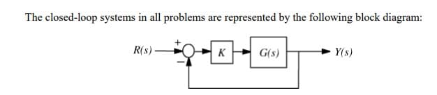 The closed-loop systems in all problems
are represented by the following block diagram:
R(s)-
K
G(s)
Y(s)
