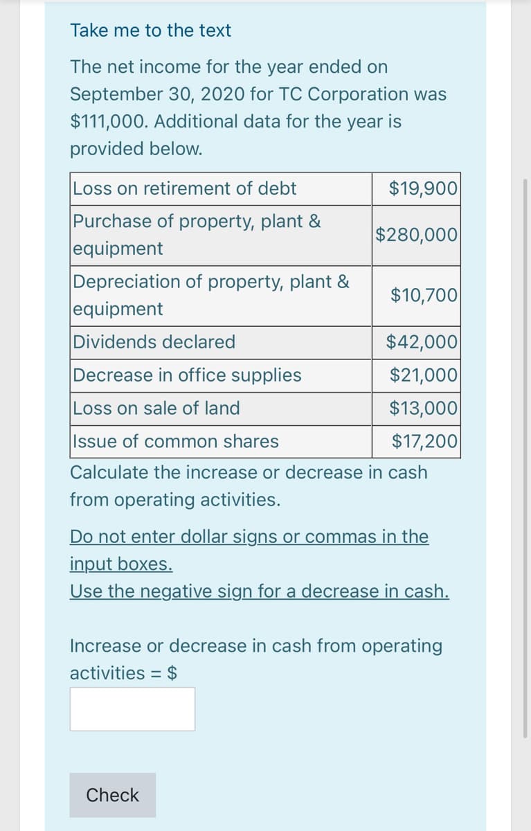 Take me to the text
The net income for the year ended on
September 30, 2020 for TC Corporation was
$111,000. Additional data for the year is
provided below.
Loss on retirement of debt
$19,900
Purchase of property, plant &
equipment
Depreciation of property, plant &
equipment
$280,000
$10,700
Dividends declared
$42,000
Decrease in office supplies
$21,000
Loss on sale of land
$13,000
Issue of common shares
$17,200
Calculate the increase or decrease in cash
from operating activities.
Do not enter dollar signs or commas in the
input boxes.
Use the negative sign for a decrease in cash.
Increase or decrease in cash from operating
activities =
Check

