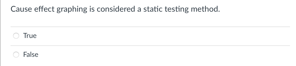 Cause effect graphing is considered a static testing method.
True
False
