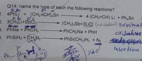 Q14: name the type of each the following reactions?
1. 4PhLi + (CH₂=CH) Sn
RL RX
2. 3CH₂Li+SbCl₂-
3. PhNa+PhCH₂
R
PhSiH, +CH₂N₂-
(4+₂)
4 (CH,CH) Lí + Phiên
(CH3) Sb+3LICI (melalation) substuat
****
PhCH₂Na+ PhH
..oxidatione
PhSi(CH3)H₂ + N₂ ...algativa
Insertion
ی نماز