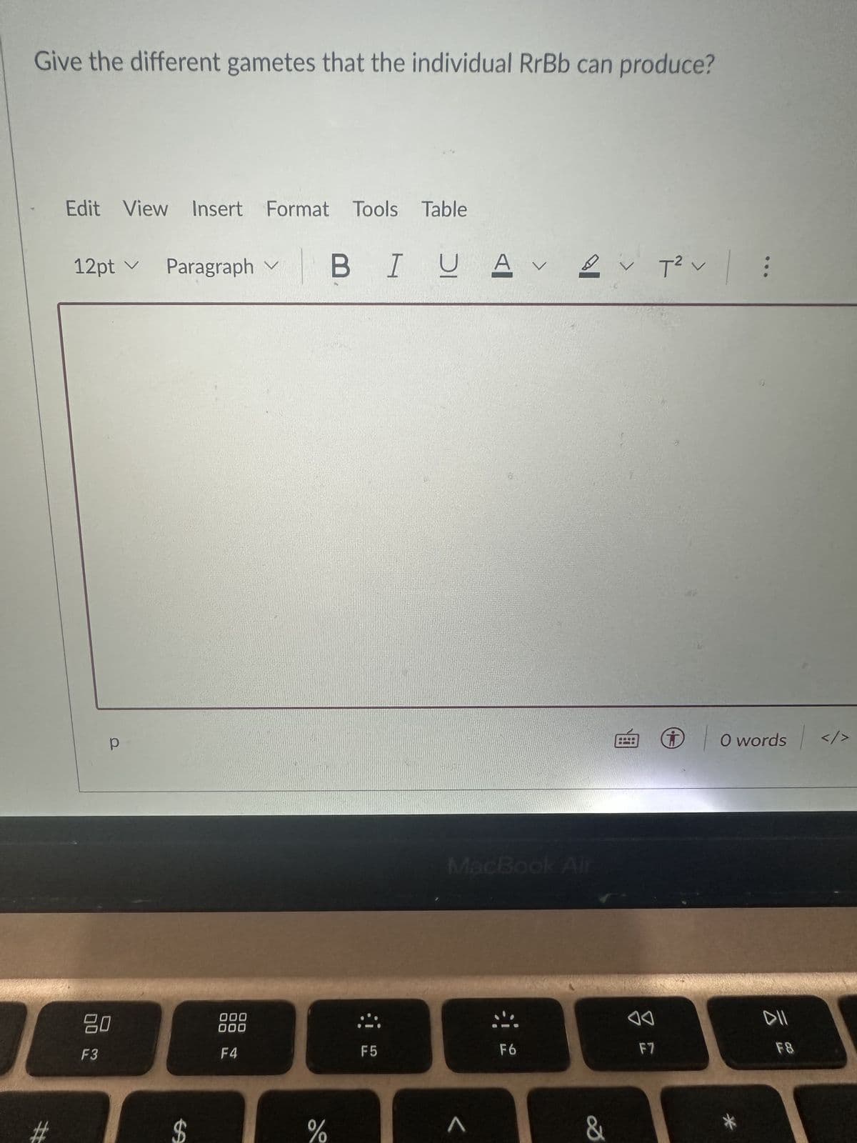 Give the different gametes that the individual RrBb can produce?
#
Edit View Insert Format Tools Table
BIU
12pt ✓ Paragraph
р
80
F3
$
000
000
F4
%
F5
А
AV 2
2 T² v
MacBook Air
F6
&
AA
F7
O words </>
DII
80