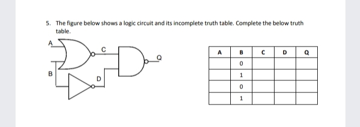 5. The figure below shows a logic circuit and its incomplete truth table. Complete the below truth
table.
A
B
D
1
