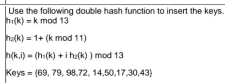 Use the following double hash function to insert the keys.
h:(k) = k mod 13
h2(k) = 1+ (k mod 11)
h(k,i) = (h:(k) + i h2(k) ) mod 13
Keys = (69, 79, 98,72, 14,50,17,30,43}

