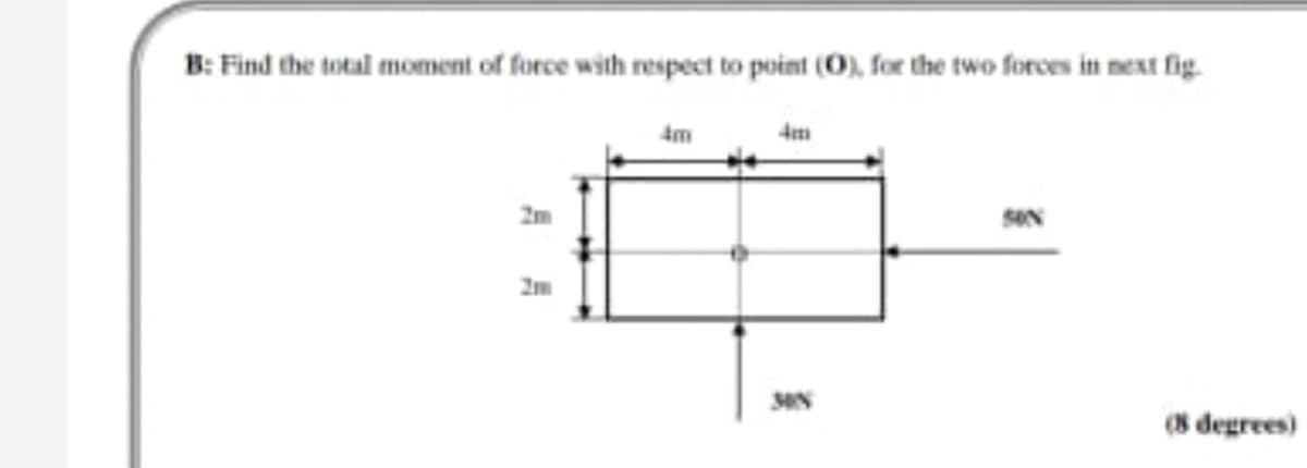 B: Find the total moment of force with respect to point (O), for the two forces in next fig.
4m
2m
2m
(8 degrees)

