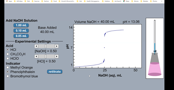 Appn GAdeas DetEerce Fehon Food Grot Penon Har eth Mangageme Hobben Seanch e Mag Movien eteten Photon
Add NaOH Solution
Volume NaOH = 40.00 mL
pH = 13.06
1.00 ml
Base Added
40.00 mL
14
0.10 ml
0.05 ml
Experimental Settings-
Acid
O HCI
• CH,CO,H
• HCIO
[N2OH] = 0.50
[HCI) = 0.50
Indicator
• Methyl Orange
O Phenolphthalein
• Bromothymol blue
retitrate
25
50
NaOH (aq), mL
Hd
