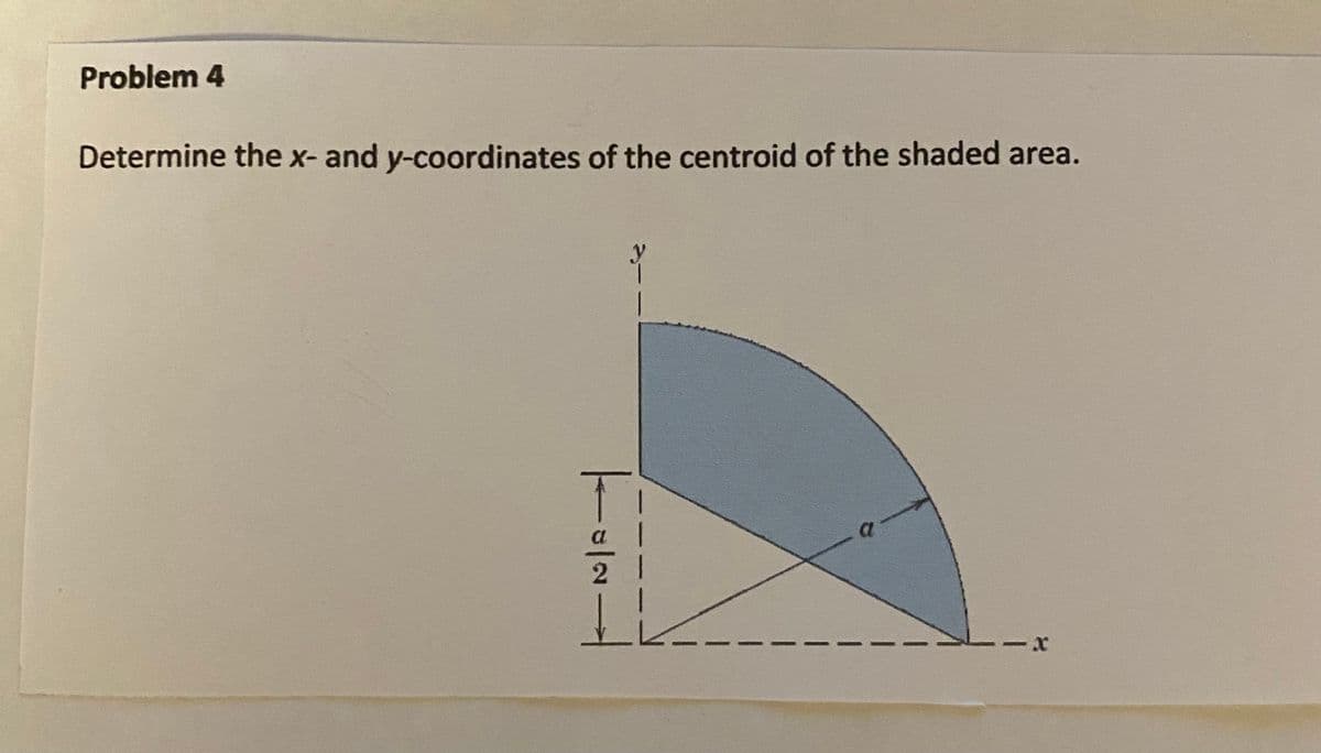 Problem 4
Determine the x- and y-coordinates of the centroid of the shaded area.
