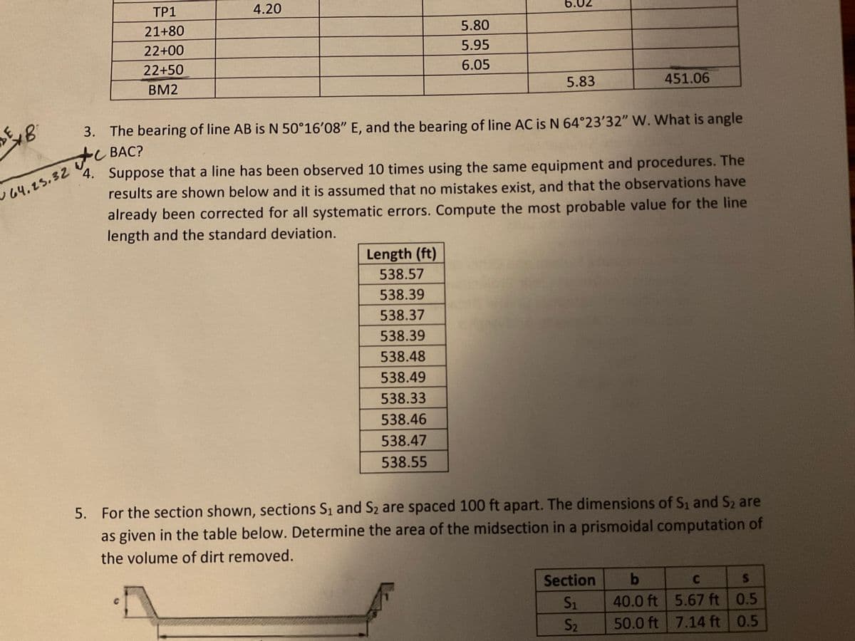 TP1
4.20
6.02
21+80
5.80
22+00
5.95
22+50
6.05
BM2
5.83
451.06
3. The bearing of line AB is N 50°16'08" E, and the bearing of line AC is N 64°23'32" W. What is angle
+C BAC?
4. Suppose that a line has been observed 10 times using the same equipment and procedures. The
results are shown below and it is assumed that no mistakes exist, and that the observations have
already been corrected for all systematic errors. Compute the most probable value for the line
length and the standard deviation.
64.25.32
Length (ft)
538.57
538.39
538.37
538.39
538.48
538.49
538.33
538.46
538.47
538.55
5. For the section shown, sections S1 and S2 are spaced 100 ft apart. The dimensions of Si and S2 are
as given in the table below. Determine the area of the midsection in a prismoidal computation of
the volume of dirt removed.
Section
40.0 ft 5.67 ft 0.5
50.0 ft 7.14 ft 0.5
S1
S2
