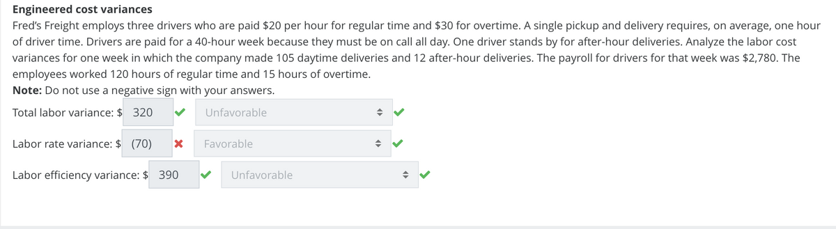 Engineered cost variances
Fred's Freight employs three drivers who are paid $20 per hour for regular time and $30 for overtime. A single pickup and delivery requires, on average, one hour
of driver time. Drivers are paid for a 40-hour week because they must be on call all day. One driver stands by for after-hour deliveries. Analyze the labor cost
variances for one week in which the company made 105 daytime deliveries and 12 after-hour deliveries. The payroll for drivers for that week was $2,780. The
employees worked 120 hours of regular time and 15 hours of overtime.
Note: Do not use a negative sign with your answers.
Total labor variance: $ 320
Unfavorable
Labor rate variance: $ (70)
Labor efficiency variance: $390
Favorable
Unfavorable