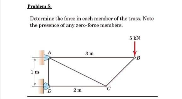 Problem 5:
Determine the force in each member of the truss. Note
the presence of any zero-force members.
5 kN
3 m
1 m
D
2 m
