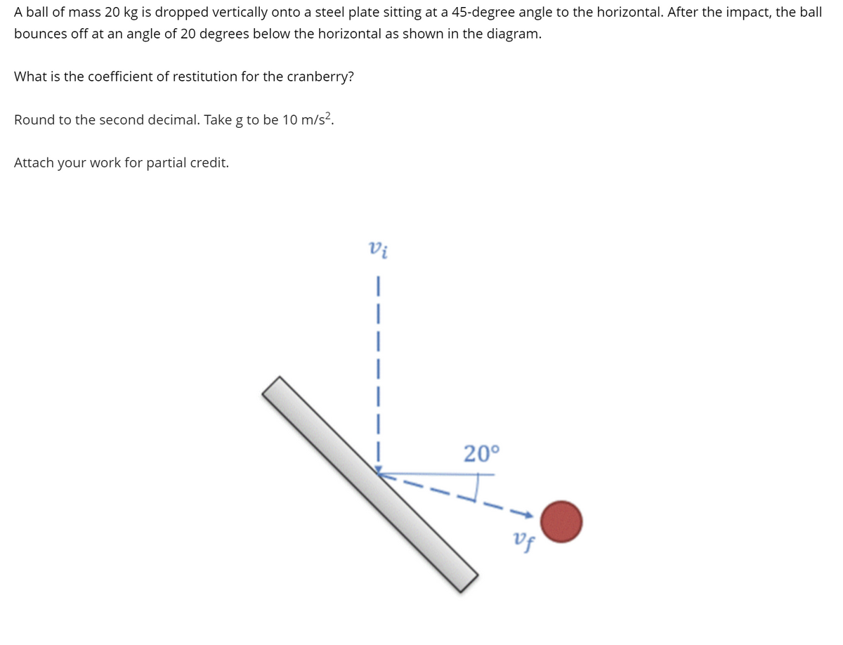 A ball of mass 20 kg is dropped vertically onto a steel plate sitting at a 45-degree angle to the horizontal. After the impact, the ball
bounces off at an angle of 20 degrees below the horizontal as shown in the diagram.
What is the coefficient of restitution for the cranberry?
Round to the second decimal. Take g to be 10 m/s².
Attach your work for partial credit.
Vi
20⁰
of