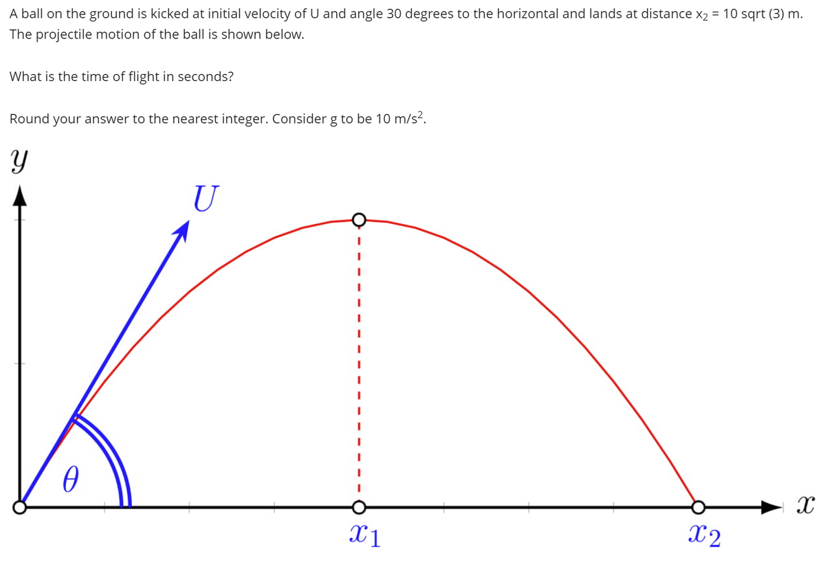 A ball on the ground is kicked at initial velocity of U and angle 30 degrees to the horizontal and lands at distance x₂ = 10 sqrt (3) m.
The projectile motion of the ball is shown below.
What is the time of flight in seconds?
Round your answer to the nearest integer. Consider g to be 10 m/s².
Y
Ө
U
X1
x2
X