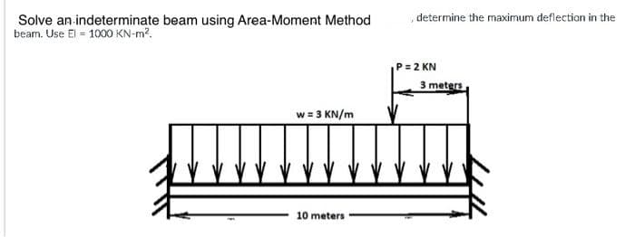 Solve an indeterminate beam using Area-Moment Method
beam. Use El 1000 KN-m².
I
w = 3 kN/m
TIT
10 meters
determine the maximum deflection in the
P= 2 KN
3 meters