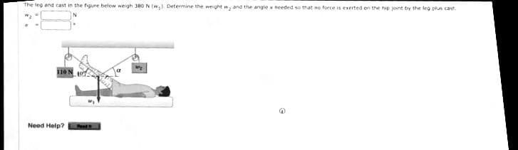 The leg and cast in the figure below weigh 380 N (w,). Determine the weight w, and the angle needed so that no force is exerted on the hip yont ty the leg plus cast.
110 N
Need Help?
