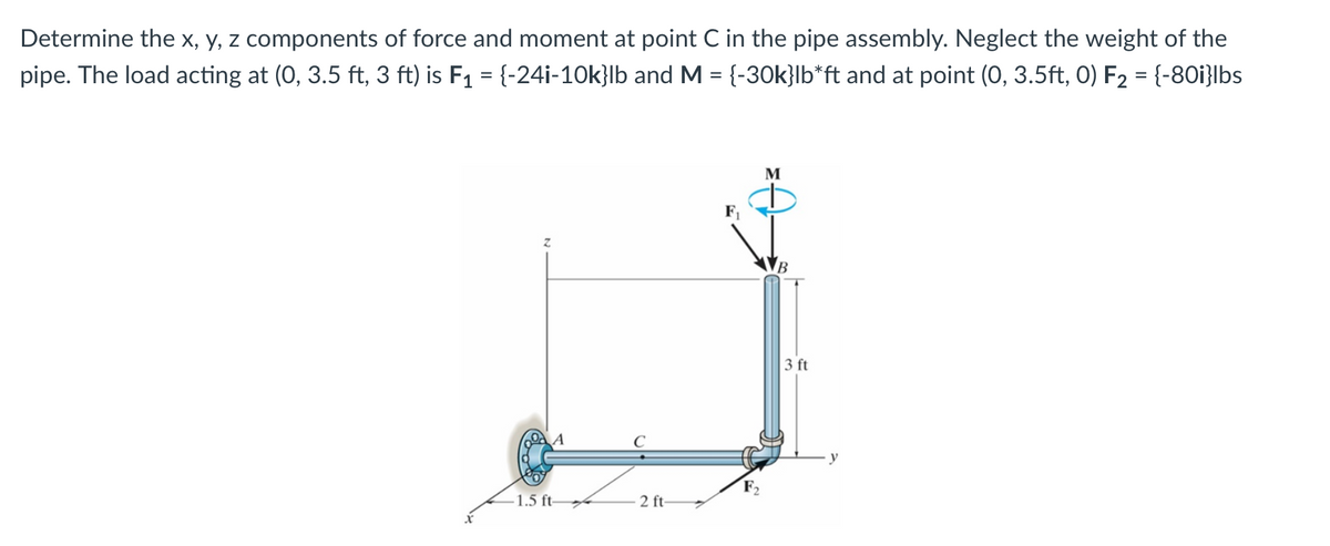 Determine the x, y, z components of force and moment at point C in the pipe assembly. Neglect the weight of the
pipe. The load acting at (0, 3.5 ft, 3 ft) is F₁ = {-24i-10k}lb and M = {-30k}lb*ft and at point (0, 3.5ft, 0) F₂ = {-80i}lbs
Z
-1.5 ft-
2 ft-
M
B
3 ft