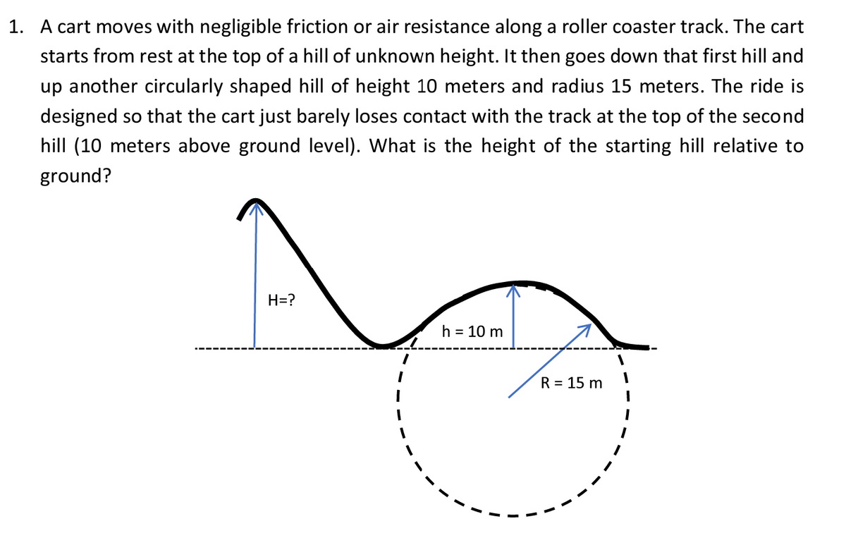 1. A cart moves with negligible friction or air resistance along a roller coaster track. The cart
starts from rest at the top of a hill of unknown height. It then goes down that first hill and
up another circularly shaped hill of height 10 meters and radius 15 meters. The ride is
designed so that the cart just barely loses contact with the track at the top of the second
hill (10 meters above ground level). What is the height of the starting hill relative to
ground?
H=?
N
h = 10 m
1
R = 15 m