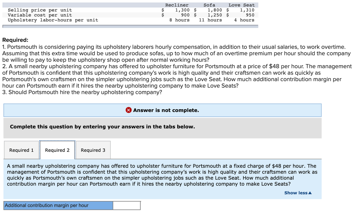 Recliner
Sofa
Love Seat
Selling price per unit
Variable cost per unit
Upholstery labor-hours per unit
1,300 $
900 $
8 hours
1,800 $
1,250 $
11 hours
1,310
950
4 hours
$
Required:
1. Portsmouth is considering paying its upholstery laborers hourly compensation, in addition to their usual salaries, to work overtime.
Assuming that this extra time would be used to produce sofas, up to how much of an overtime premium per hour should the company
be willing to pay to keep the upholstery shop open after normal working hours?
2. A small nearby upholstering company has offered to upholster furniture for Portsmouth at a price of $48 per hour. The management
of Portsmouth is confident that this upholstering company's work is high quality and their craftsmen can work as quickly as
Portsmouth's own craftsmen on the simpler upholstering jobs such as the Love Seat. How much additional contribution margin per
hour can Portsmouth earn if it hires the nearby upholstering company to make Love Seats?
3. Should Portsmouth hire the nearby upholstering company?
Answer is not complete.
Complete this question by entering your answers in the tabs below.
Required 1
Required 2
Required 3
A small nearby upholstering company has offered to upholster furniture for Portsmouth at a fixed charge of $48 per hour. The
management of Portsmouth is confident that this upholstering company's work is high quality and their craftsmen can work as
quickly as Portsmouth's own craftsmen on the simpler upholstering jobs such as the Love Seat. How much additional
contribution margin per hour can Portsmouth earn if it hires the nearby upholstering company to make Love Seats?
Show lessA
Additional contribution margin per hour
