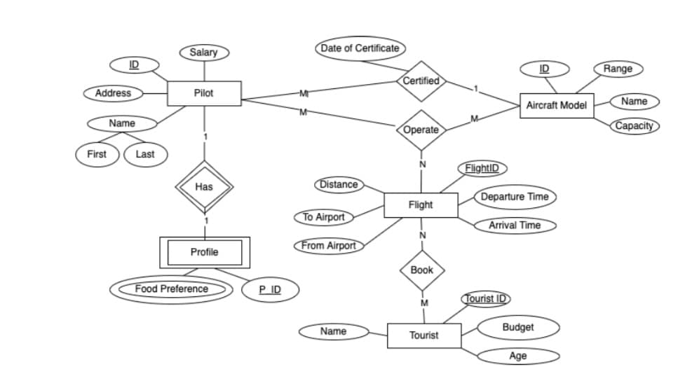 Date of Certificate
Salary
ID
ID
Range
Certified
Address
Pilot
Name
Aircraft Model
Name
Сараcity
Operate
First
Last
N
Flight|D
Has
Distance
Departure Time
Flight
To Airport
Arrival Time
From Airport
Profile
Book
Food Preference
P ID
Tourist ID
M
Name
Budget
Tourist
Age
