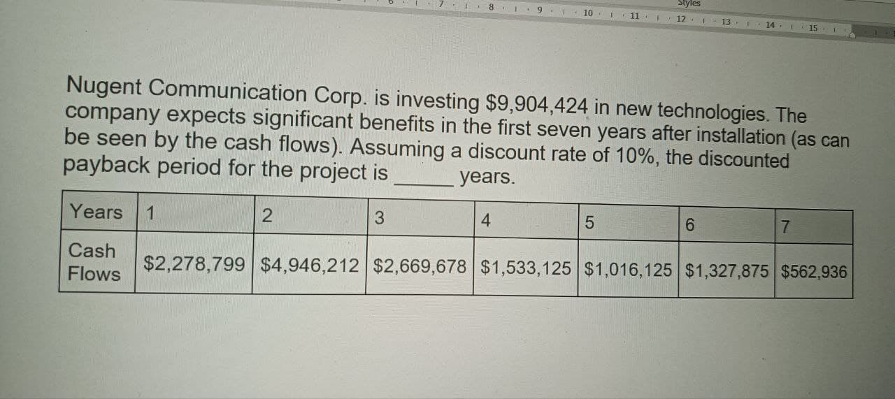 Styles
9
110
11
12.1 13
14 15
Nugent Communication Corp. is investing $9,904,424 in new technologies. The
company expects significant benefits in the first seven years after installation (as can
be seen by the cash flows). Assuming a discount rate of 10%, the discounted
payback period for the project is
2
3
years.
4
5
6
7
Years
Cash
Flows
$2,278,799 $4,946,212 $2,669,678 $1,533,125 $1,016,125 $1,327,875 $562,936