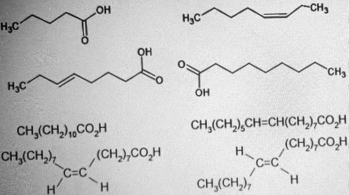 CH3
H3C
H3C
OH
CH3
O:
H3C
ÓH
CH,(CH,),,CO,H
CH,(CH,),CH=CH(CH,),CO,H
(CH,),CO,H
H.
(CH,),CO,H
C=C
H.
CH,(CH,),
C=C
H.
CH,(CH,),
H.
