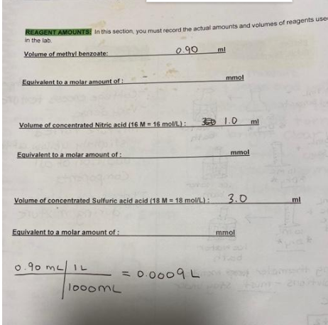 REAGENT AMOUNTS In this section, you must record the actual amounts and volumes of reagens use
in the lab.
090
ml
Volume of methyl benzoate:
mmol
Equivalent to a molar amount of:
30 1.0
ml
Volume of concentrated Nitric acid (16 M = 16 mol/L):
Equivalent to a molar amount of :
mmol
Volume of concentrated Sulfurie acid acid (18 M = 18 mol/L):
3.0
ml
Equivalent to a molar amount of:
mmol
0.90 mL IL
=0.0009 L
lo0omL
