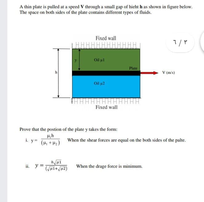 A thin plate is pulled at a speed V through a small gap of hieht h as shown in figure below.
The space on both sides of the plate contains different types of fluids.
Fixed wall
Oil ul
Plate
h
V (m/s)
Oil p2
Fixed wall
Prove that the postion of the plate y takes the form:
H,h
(H + H2)
i.
y =
When the shear forces are equal on the both sides of the palte.
ii. y = Jui+/u2)
When the drage force is minimum.
